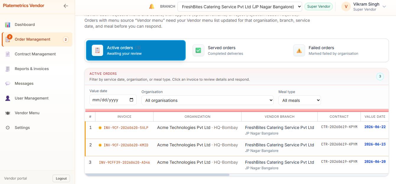 Invoice management showing contract-linked billing, vendor invoices, and value dates